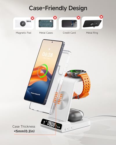 Wireless Charger for Samsung S26 Ultra, Galaxy Watch 9/Ultra 2/8/Buds4 Pro | for Samsung S26+/S25 Ultra/S25/Z Flip8/S24/S23/S22, Galaxy Watch 8/Ultra/7/6/5, Galaxy Buds4 Pro, Space-saving, LED Clock - color: White