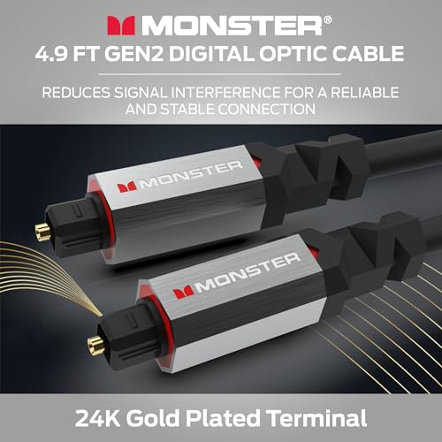 Monster Gen2 Essentials Digital Optical Audio Cable (Toslink, SPDIF), Fiber Optic Cable for TV, Soundbar & Home Theater System, Gold-Plated Connectors, 4.9ft