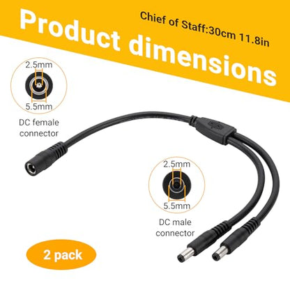 CENSHI 2-Pack 12V/24V DC Power Splitter Cable 5.5x2.5mm 1 Female to 2 Male | 1Ft 18AWG Pure Copper DC5525 Y Splitter Cord, for LED Light Strips, Router, CCTV Camera, Solar Monitor - size: 1 Female to 2 Male