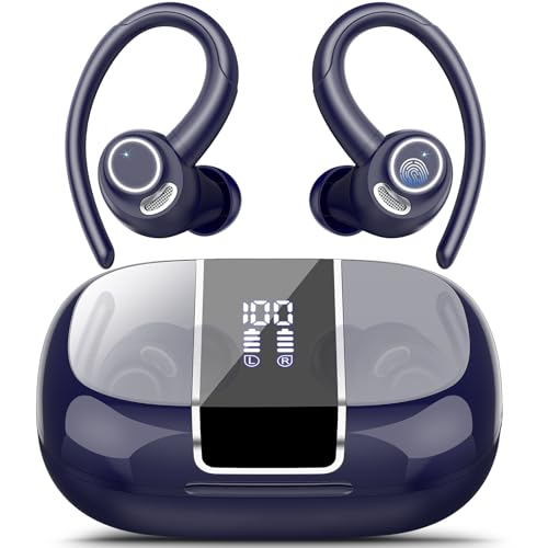 Wireless Earbuds with Earhook, 48Hrs Deep Bass/ENC Mic Ear Buds Deep Blue | Wireless Earphone with LED Display, Bluetooth 5.3 Headphones In Ear, IPX7 Waterproof Over Ear Buds for Running/Workout - color: Deep Blue