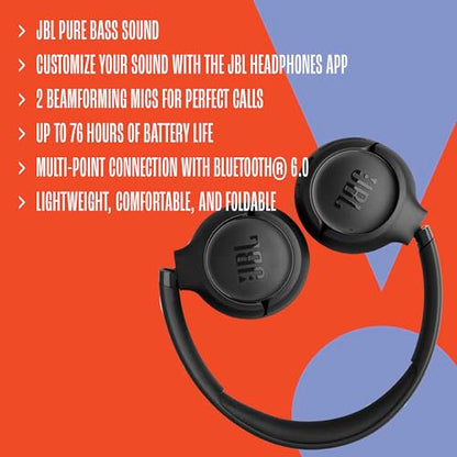 JBL Tune 530BT - Wireless on-Ear Bluetooth 6.0 Headphones with Powerful Pure Bass Sound, 2 beamforming mics for Perfect with Expo Gear Over-Ear Weather-Resistant Protective Hard-Shell - color: Black