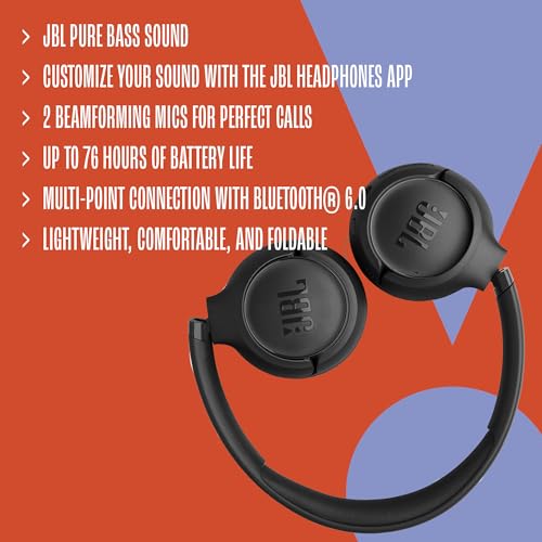 JBL Tune 530BT - Wireless on-Ear Bluetooth 6.0 Headphones with Powerful Pure Bass Sound, 2 beamforming mics for Perfect with Expo Gear Over-Ear Weather-Resistant Protective Hard-Shell - color: Blue