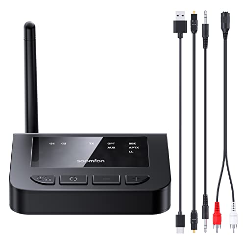 aptX LL Bluetooth Transmitter for TV, SOOMFON Bluetooth 5.0 Audio Transmitter with Volume Control, Bluetooth Adapter Splitter for TV/PC, aptX Low Latency, Ultra-Long Range, Aux/RCA/Optical