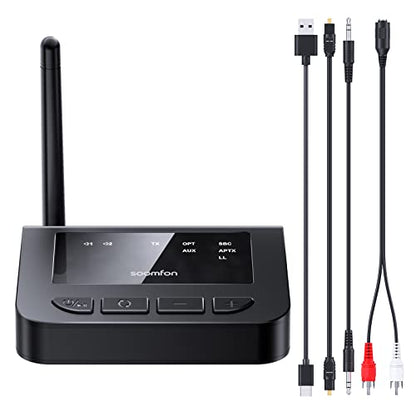 aptX LL Bluetooth Transmitter for TV, SOOMFON Bluetooth 5.0 Audio Transmitter with Volume Control, Bluetooth Adapter Splitter for TV/PC, aptX Low Latency, Ultra-Long Range, Aux/RCA/Optical
