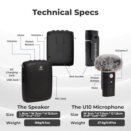WinBridge Wireless Voice Amplifier with Bluetooth Lapel Mic for Teachers | Speaker with Clear Voice & Windproof Foam, 12–15H Battery, Lightweight Clip-on, Compact Design,Independent Mute Control WB006