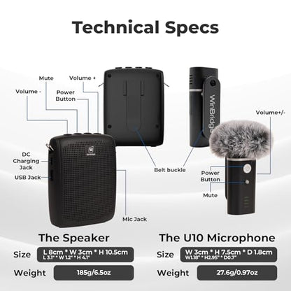 WinBridge Wireless Voice Amplifier with Bluetooth Lapel Mic for Teachers | Speaker with Clear Voice & Windproof Foam, 12–15H Battery, Lightweight Clip-on, Compact Design,Independent Mute Control WB006
