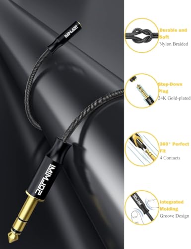 6.35mm (1/4") Female to 3.5mm (1/8") Male Stereo Adapter 11.5Ft | Connect 3.5mm Phone Headphone to 6.35mm Speaker Mixers Guitar Digital Piano Keyboard Amplifier, Braided Cord,24K Gold Plated - size: 11.5 Feet