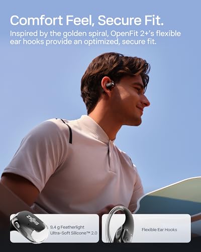 SHOKZ OpenFit 2+ Open-Ear Earbuds, Black, Dolby Audio,Wireless Charging | Soft Ear Hooks； IP55 Water-Resistant; USB-C Fast Charging；48H Playtime; Gym/outdoor/home use - color: Black, style: Dolby Audio / USB-C&Wireless
