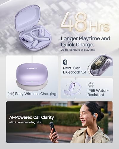 SHOKZ OpenFit 2+ Open-Ear Earbuds, Purple, Dolby Audio,Wireless Charging | Amazon Exclusive Edition；Soft Ear Hooks； IP55 Water-Resistant; USB-C Fast Charging；48H Playtime; Gym/outdoor/home use - color: Purple, style: Dolby Audio / USB-C&Wireless