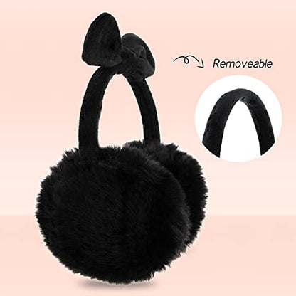 POXIMI Women Winter Earmuffs Girl Ski Adjustable Ear Covers for Kid Cute Bow Ear Warmer Outdoor Earmuff Fleece Lining - color: B-black