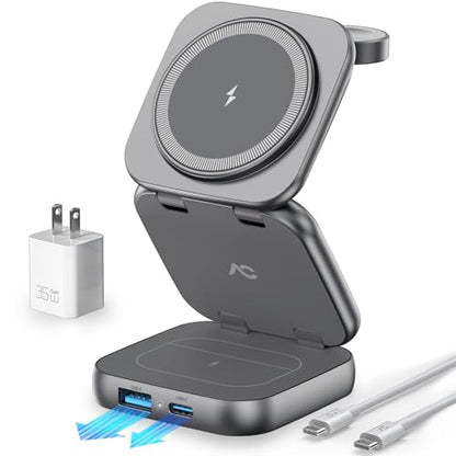 5-in-1 Wireless Charger for MagSafe, AC ISLAND Portable Travel Charging Station, 35W Max Qi2 Fast Foldable Magnetic Stand, Evolved for iPhone 17-12 Series, Apple Watch, AirPods (with 35W Adapter) - color: Grey