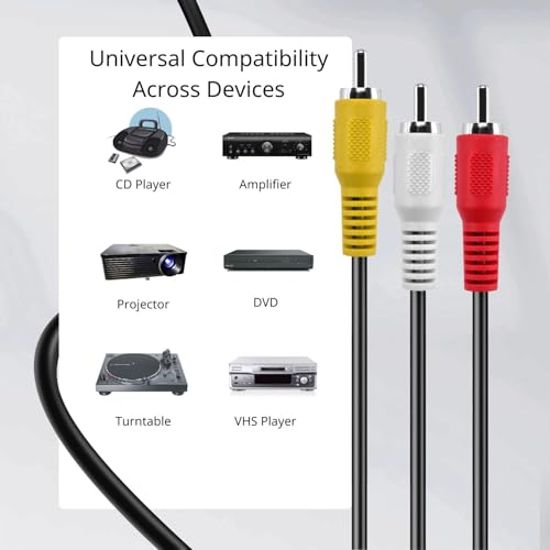 TNP 3 RCA AV Cable, 6 ft Male-to-Male Composite Audio Video Cord for TV | Vcr-To-Tv Cable with Red, White and Yellow Plugs; Double Shielding Helps Reduce Rfi and Emi Interference - size: 6FT