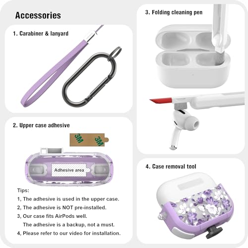 WENEW for AirPods Pro 3 Case (2025) Cover Secure Lock Automatic Snap Switch Clip Cleaner Kit Lanyard Women Stylish Flower Hard Shell Full Body Front LED Visible (Purple Flower, AirPods Pro 3) - color: Purple flower, size: AirPods Pro 3