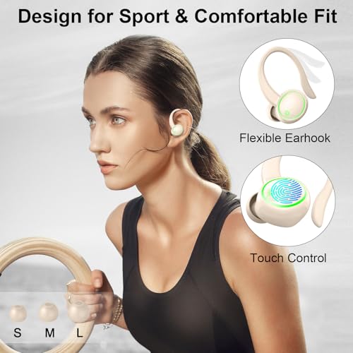 무선 이어버드, 블루투스 5.4 헤드폰 스포츠, ENC 노이즈 캔슬링 마이크가 있는 50시간 재생 오버이어 버드, 이어후크가 있는 딥 베이스 이어폰, 러닝 운동용 IP7 방수 헤드셋, 오프 화이트 - color: 오프 화이트