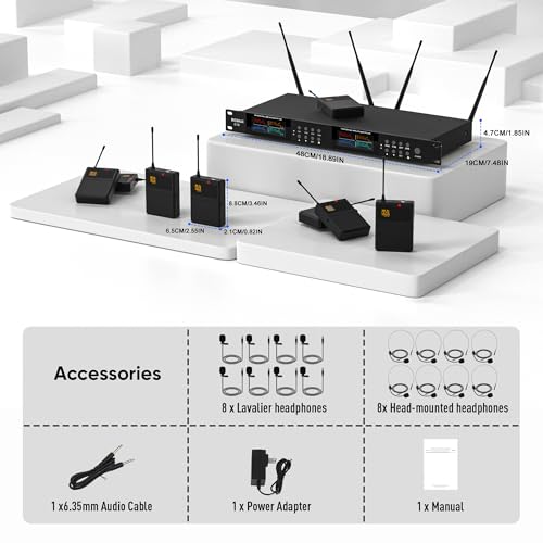 Lapel Wireless Microphone System with Headset & Lavalier Mics, Pro 8 Channel UHF Mics Set with Bodypack Transmitter & Metal Receiver, 200 Adjustable Frequency, 300ft Range for Church, Party - size: 8 Channel