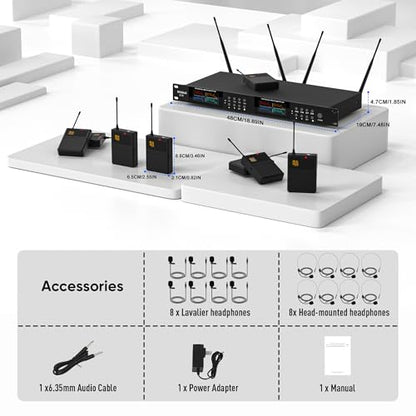 Lapel Wireless Microphone System with Headset & Lavalier Mics, Pro 8 Channel UHF Mics Set with Bodypack Transmitter & Metal Receiver, 200 Adjustable Frequency, 300ft Range for Church, Party - size: 8 Channel