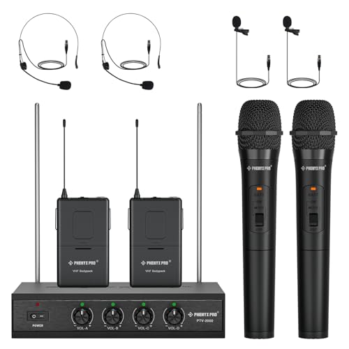 Phenyx Pro 4-Channel VHF Wireless Microphone System PTV-2000-2H2B | 2 Handheld Mics, 2 Bodypacks, Lapel/Headset Mics, Metal Receiver, Church, Meetings, Conferences