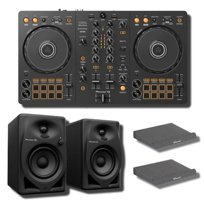 Pioneer DDJ-FLX4 DJ Controller with DM-40D Monitors and Gator Studio Monitor Isolation Pads — DJ and Production Mode DSP, RCA Direct, rekordbox and Serato, Acoustic Decoupling
