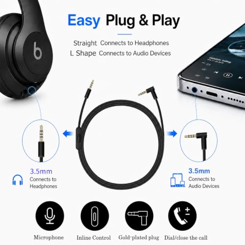 cipher Replacement Audio Cable Cord Wire, Compatible with Beats Headphones Studio Solo Pro Detox Mixr Executive Pill with in Line Mic and Control (Black)