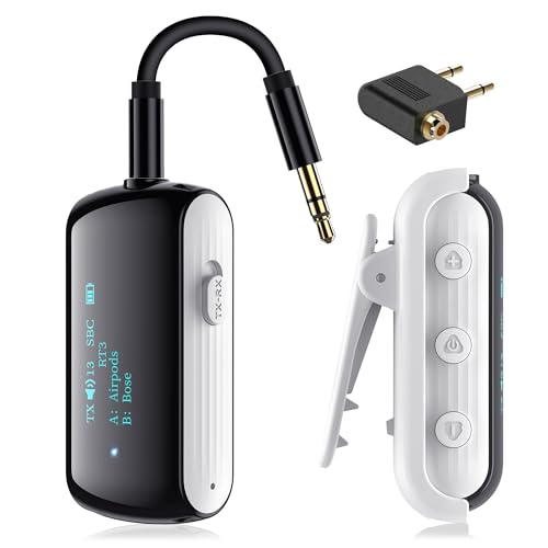 Bluetooth 5.2 Transmitter Receiver for 2 AirPods/Headphones | Flight Bluetooth Adapter for Airplane, TV, Gym with a 3.5mm Audio Jack, Wireless BT Receiver with Mic for Car/Home Stereo - color: White
