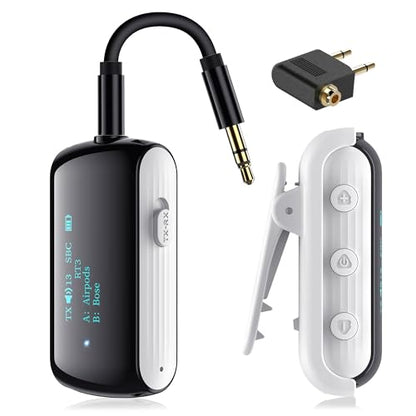 Bluetooth 5.2 Transmitter Receiver for 2 AirPods/Headphones | Flight Bluetooth Adapter for Airplane, TV, Gym with a 3.5mm Audio Jack, Wireless BT Receiver with Mic for Car/Home Stereo - color: White