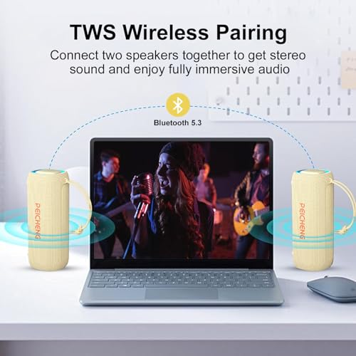 PEICHENG Bluetooth Speaker, Portable Wireless Clear Loud Stereo Sound IPX5 Waterproof with RGB Lights BT5.3 Long Playtime TWS Pairing,for Home Party Outdoor Beach,Great Gift Choice (Beige) - color: Beige