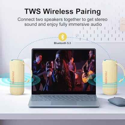 PEICHENG Bluetooth Speaker, Portable Wireless Clear Loud Stereo Sound IPX5 Waterproof with RGB Lights BT5.3 Long Playtime TWS Pairing,for Home Party Outdoor Beach,Great Gift Choice (Beige) - color: Beige
