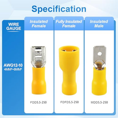 Baomain 1/4" Female Quick Disconnect Spade Terminals,Insulated Crimp Connectors 12-10 AWG 6.3mm (0.25 inch),Yellow, (100-Pack)