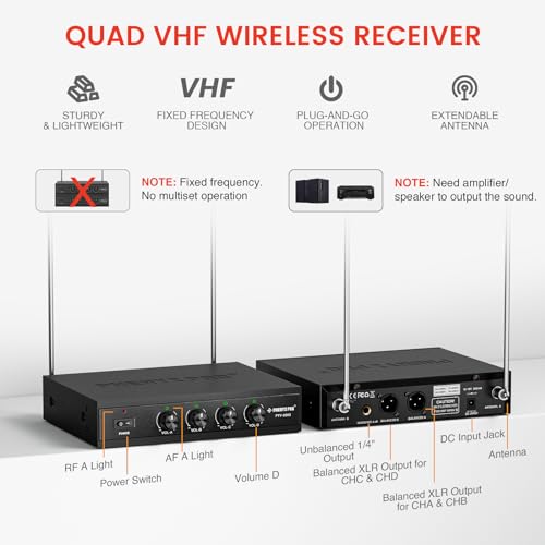 Phenyx Pro 4-Channel VHF Wireless Microphone System PTV-2000-2H2B | 2 Handheld Mics, 2 Bodypacks, Lapel/Headset Mics, Metal Receiver, Church, Meetings, Conferences