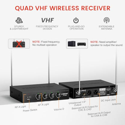 Phenyx Pro 4-Channel VHF Wireless Microphone System PTV-2000-2H2B | 2 Handheld Mics, 2 Bodypacks, Lapel/Headset Mics, Metal Receiver, Church, Meetings, Conferences