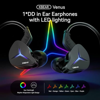 KBEAR Venus USB C Wired Headphones, Sleek LED Lighting Gaming Earbuds USB-C Wired Earbuds, HIFI IEMs for Gaming with Volume Control/10mm Dynamic Driver/Noise Isolating for Phone Laptop iPad (with Mic)