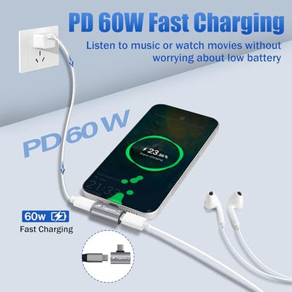 Dual USB C Headphone and Charger Adapter Splitter, 2-in-1 Type C to USB-C Audio Adapter with PD 60W Fast Charge, Type-C Splitter Dongle Converter for iPhone 16 Series, Galaxy S24/23, iPad Pro, Pixel 8 - style: Dual USB C (PD Charging + Audio)