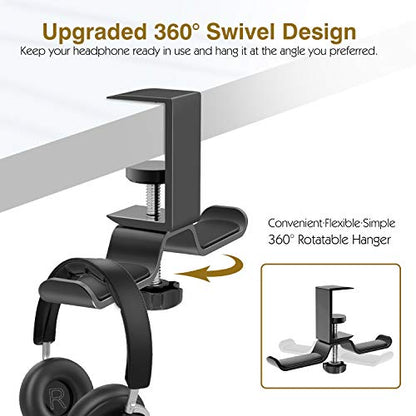 MoKo Headphone Hanger, Aluminum 360° Rotating Dual Headphone Stand Under Desk Headset Holder Earphone Mount with Adjustable Clamp for All Headphones,PC Gaming Headphone - Black