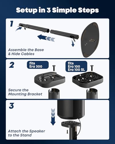 Speaker Stands for Sonos Era 100, 100 SL & Era 300 - Hidden Cable, 1 Pair | Sturdiness, Easy to Assemble, 29.1–39'' Height Adjustable, Two Base Mounting Options, Black, Max holds 11lbs(per one)