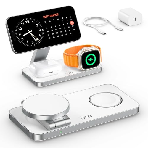 UEQ Foldable 3 in 1 Wireless Charging Station for Apple Compatible with Magsafe Charger Stand,Magnetic Wireless Charger Station for iPhone 17 Air 16 15 14 13 12 Series,Airpods Pro,Apple Watch (White) - color: White