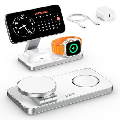 UEQ Foldable 3 in 1 Wireless Charging Station for Apple Compatible with Magsafe Charger Stand,Magnetic Wireless Charger Station for iPhone 17 Air 16 15 14 13 12 Series,Airpods Pro,Apple Watch (White) - color: White