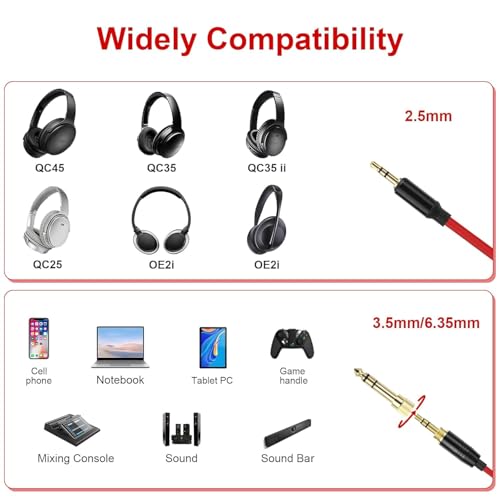 QC45 Coiled Audio Cable,Replacement Audio Cable Cord Compatible with Bose QC45/QC35/QC35 II/NC700 Headphones,2.5mm to 3.5mm(1/8") Extension Wire with 6.35mm(1/4") 6-16ft (Red) - color: Red