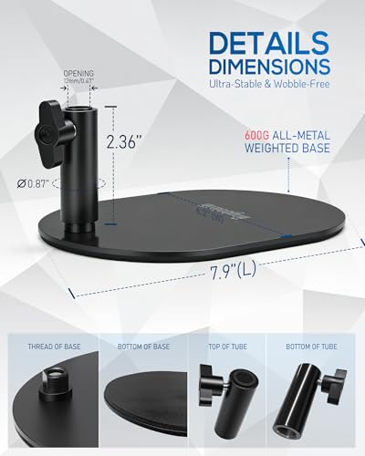 Low Profile Mic Stand Base, Weighted Desk Mount, 12mm Socket, 5/8-27 Thread | 600 g metal plate with a 12 mm arm socket and padded underside for compact desktop microphone and boom arm setups - size: KBT-49 Metal Base