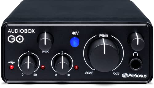 Presonus AudioBox GO Mobile 2x2 USB Audio Recording Interface with Creative Software Kit and Studio Bundle and Eris E3.5 Pair Studio Monitors, Microphone Kit, Stand & 1/4 Instrument Cables