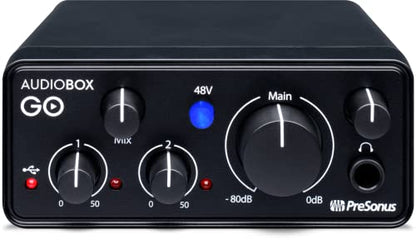 Presonus AudioBox GO Mobile 2x2 USB Audio Recording Interface with Creative Software Kit and Studio Bundle and Eris E3.5 Pair Studio Monitors, Microphone Kit, Stand & 1/4 Instrument Cables