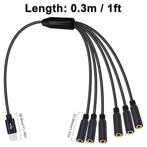 Poyiccot USB C to 3.5mm Micphone Adapter, 1 to 6 Ways USB C to 3.5mm TRRS Female Headphone Audio & Mic Jack Splitter Cable Compatible with Micphone, Speaker, Galaxy, MacBook, 30cm/1ft - style: 1 to 6 ways