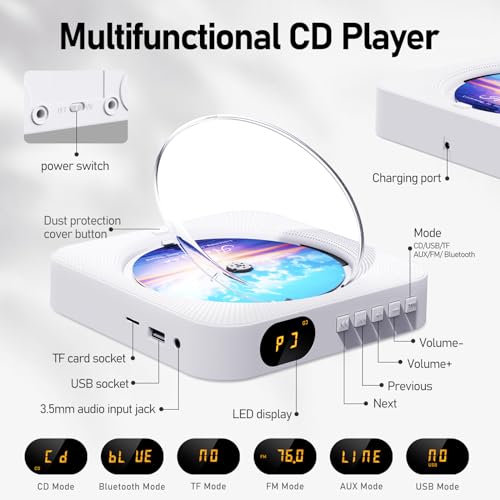 MICOCIOUS Bluetooth Portable Home CD Music Player with Remote Control, Timer, Built-in Speakers and LED Display - FM Radio Boombox (White) - color: White