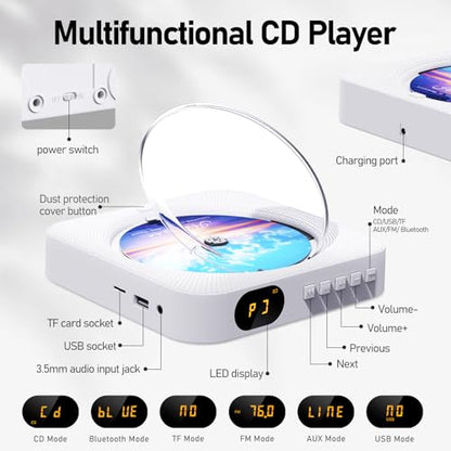 MICOCIOUS Bluetooth Portable Home CD Music Player with Remote Control, Timer, Built-in Speakers and LED Display - FM Radio Boombox (White) - color: White