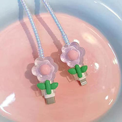 ZOSTLAND 5 in 1 DIY 18W 20W Heart Shape Protector Data Cable USB Charger Line Earphone Wire Saver Organizer Compatible with iPhone 11 12 13 14 15 Pro Max (Flower Pink)