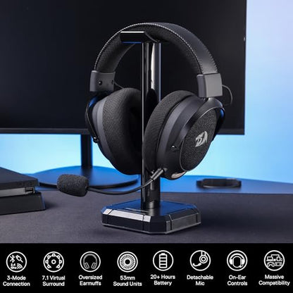 Redragon H858 3-Mode Wireless Gaming Headset, 7.1 Surround Sound, 53 mm Drivers, Memory Foam Ear Pads, Detachable Noise-canceling Microphone, Over-Ear Headphones Works for Mobile, PC/PS5/NS - color: Gray