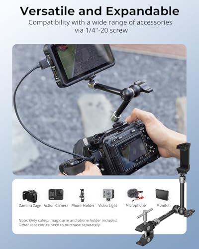 SmallRig Clamp w/ 1/4" and 3/8" Thread Holes, 9.8 Inches Adjustable Friction Power Articulating Magic Arm with Phone Holder for Action Cameras, Smartphones, LCD Monitor/LED Lights - 5326 - size: 9.8''+phone clamp