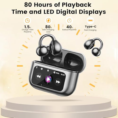 Clip On Ear Headphones, Open Ear Earbuds Wireless Bluetooth 5.4, Clip On Earbuds with LCD Touchscreen, Lightweight Comfort Open Ear Headphones for Pad Tablet Laptop Android/iOS Phones (Black) - color: Black