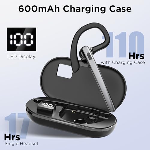 Bluetooth Headset V5.3, Wireless Bluetooth Earpiece with 600mAh Charging Case, 110H Playtime, Hands Free Headset for Cell Phone and Computer with Built-in Microphone for Work Trucker Office