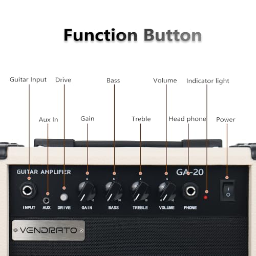Electric Guitar Amplifier 20w amp Cream White Color gain bass Treble 3.5mm aux in Drive 6.5mm Guitar Input Headphone Portable for Beginner Starter Practice Travel amp noiseless Cable Pick and Adapter - color: White