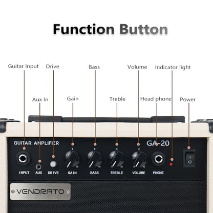 Electric Guitar Amplifier 20w amp Cream White Color gain bass Treble 3.5mm aux in Drive 6.5mm Guitar Input Headphone Portable for Beginner Starter Practice Travel amp noiseless Cable Pick and Adapter - color: White